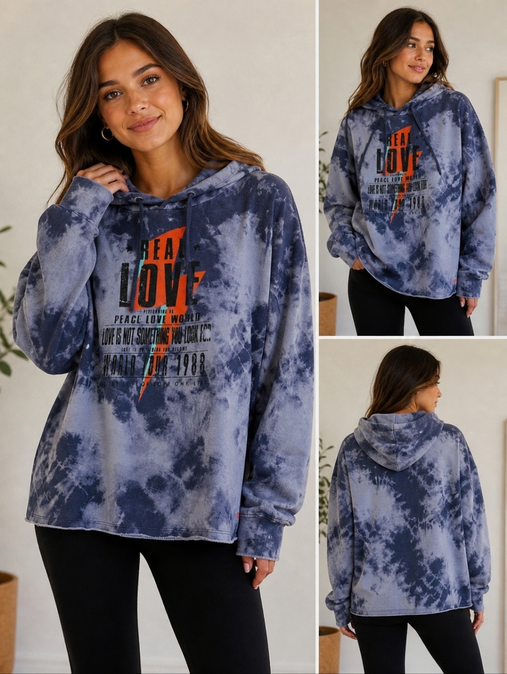 Women's Peace Love World Tie-Dye Hoodie M Blue Orange